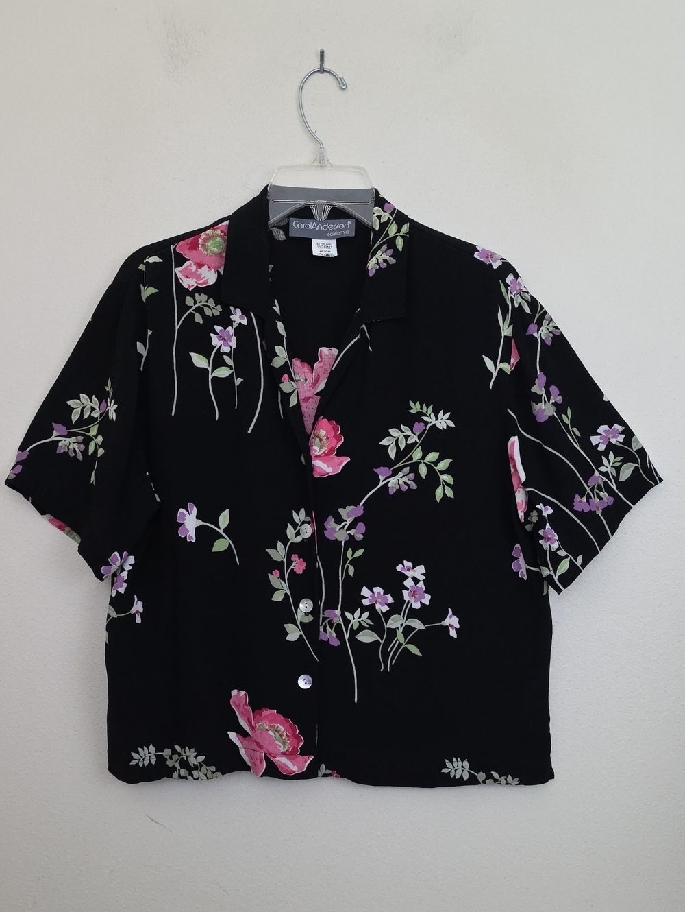 Carol Anderson Black, Pink & Green Floral Short Sleeve Button Top M
